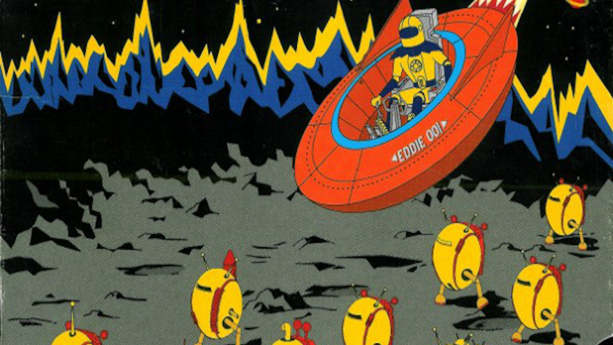 Cover for Eddie and the Eggs album. A cartoon image of a spaceship crashing into a moonlike planet, populated by robotic eggs.