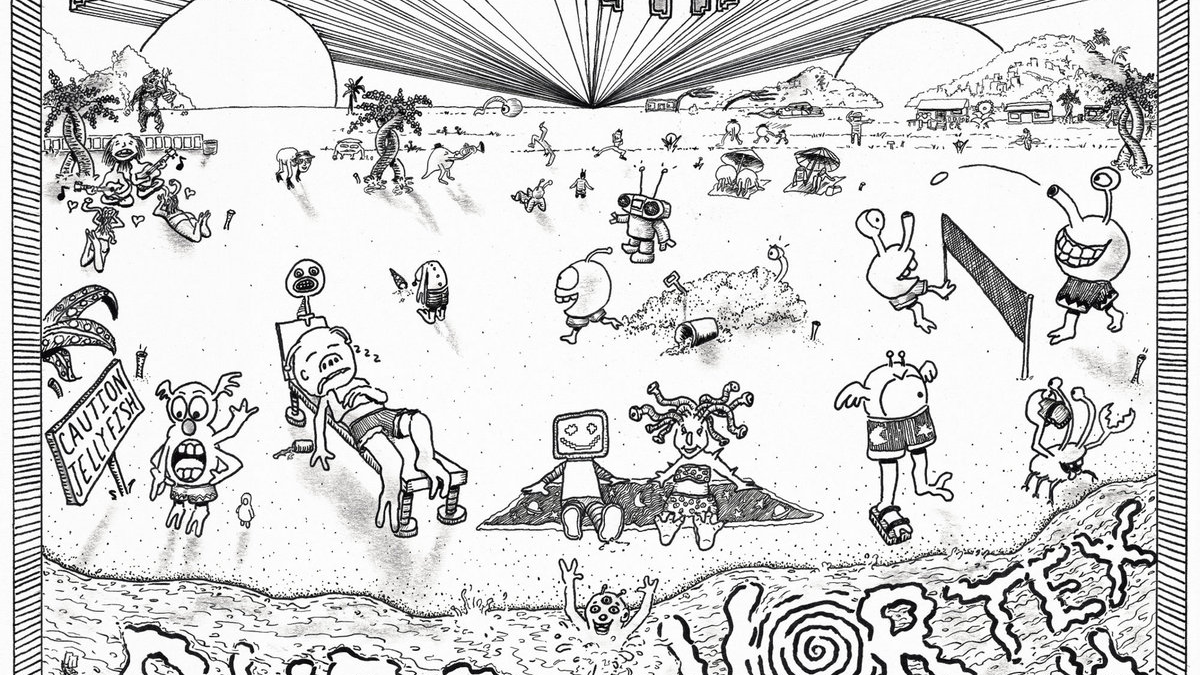 Cover for Alien Trackers', Dubs from Vortex Beach. A cute cartoon image of aliens and robots at the beach.