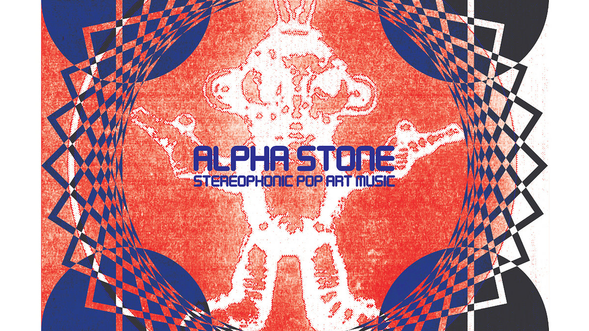 Cover for Alpha Stone - Stereophonic Pop Art Music. A destructed psychedelic image of an alien with ray guns.
