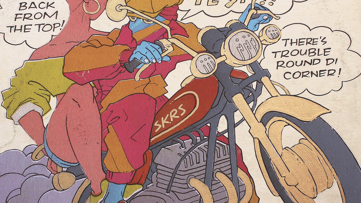 Seekers International’s release on Bokeh Versions. An illustration of two characters on a Motorbike.
