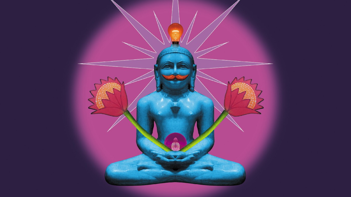 A moustached Buddha with a lightbulb on his head. From The Orb - Buddhist Hipsters.