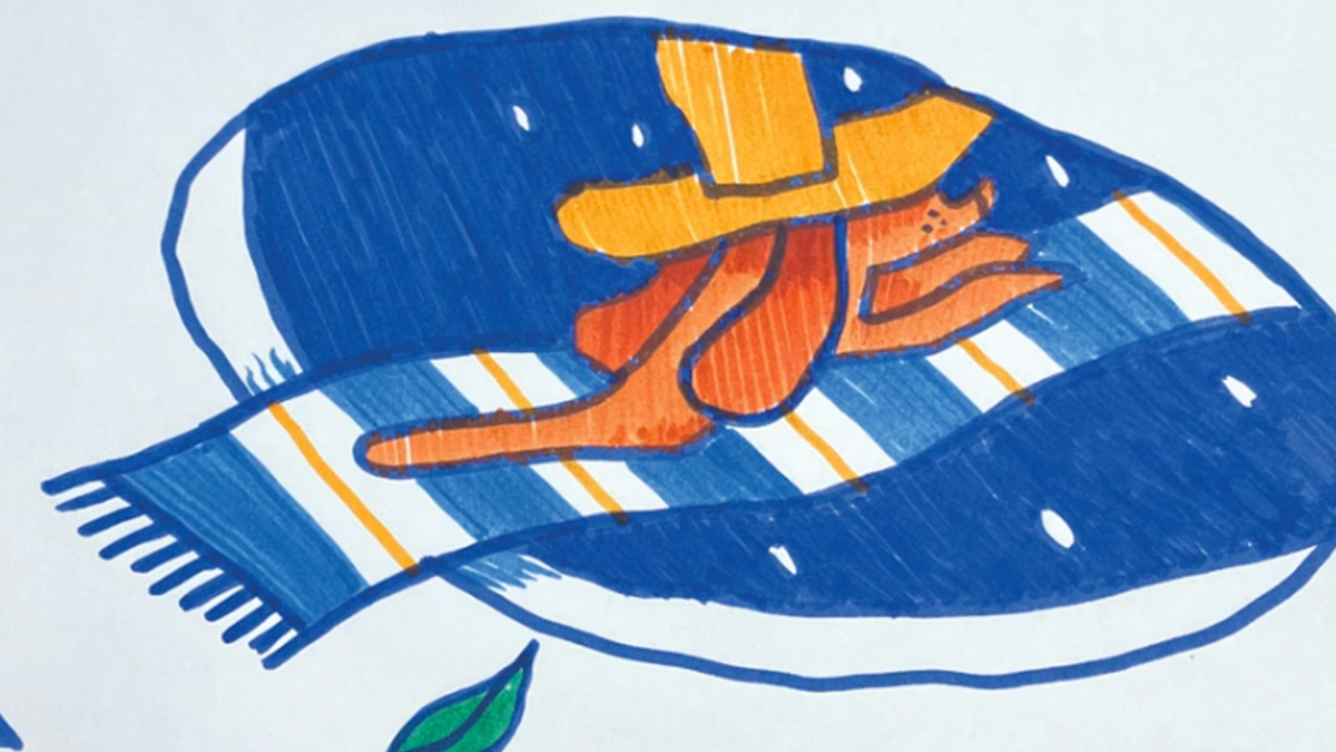 Gruff Rhys - Dim Probs. A felt pen drawing by Pete Fowler. Psychedelic dog in a sombrero riding a magic carpet, through a portal.