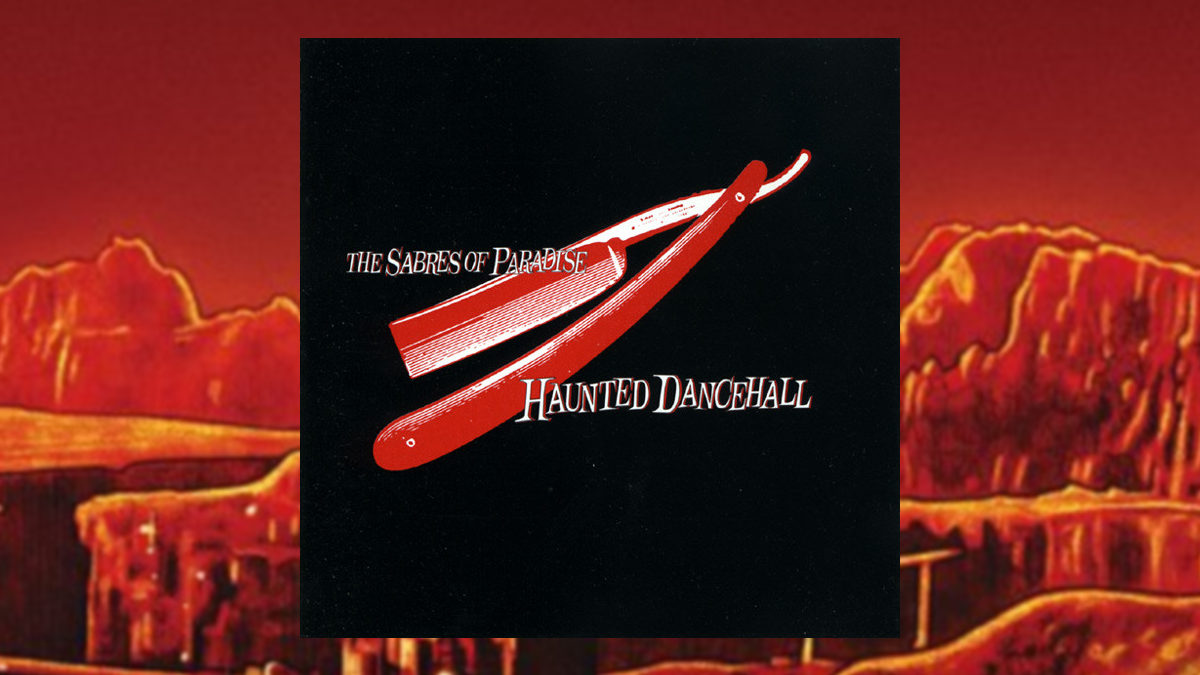 Cover of haunted dancehall by sabres of paradise, superimposed on an image of mars